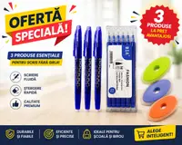 Pachet BIA cu Ștergere – 3 Pixuri Albastre + Set 6 Rezerve + 1 Radieră
