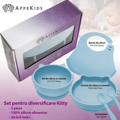 Set diversificare AppeKids din silicon 5 piese Kitty Aqua Blue