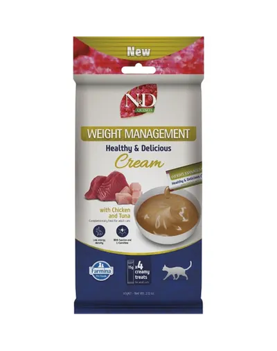 Snack cremos pisici adulte cu tendință de îngrășare FARMINA N&amp;D Quinoa Weight Management 4x15 g cu pui și ton