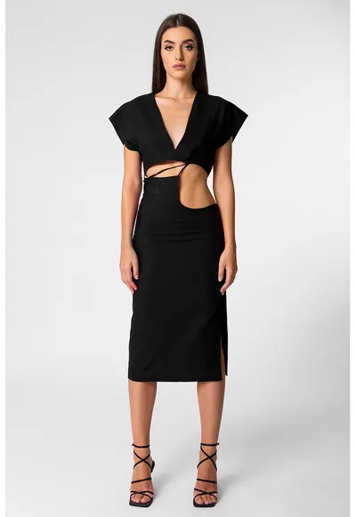 Rochie din amestec de in cu decupaje Rubi - Negru