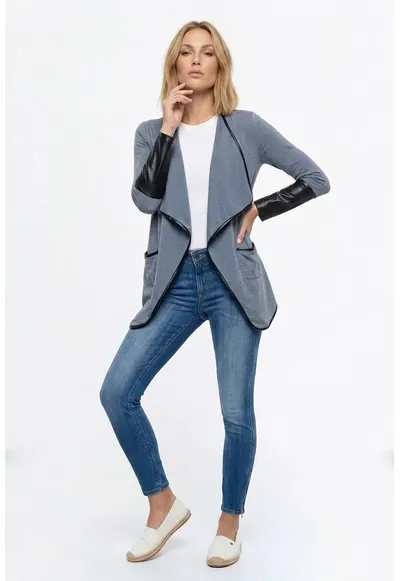 Sacou casual tip narzutka cu decolteu in V - maneca lunga - croi regular - lungime pana la sold - cu buzunare - M1361 - Gri