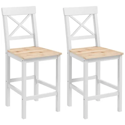 HOMCOM Set de 2 Taburete de Bar, Taburete de Bucătărie Înaltă cu Spătar Înalt, Suporturi pentru Picioare, din Lemn de Pin, Natural și Alb | Aosom Romania