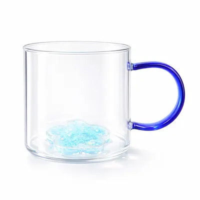 Cană cu model 3D floare albastră, pereți dubli, sticlă borosilicată și inserție de sclipici, 300 ml, Aurora Glow
