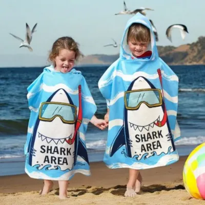 Prosop poncho pentru copii, cu glugă, model rechin Area, 60x60 cm, pelerină de plajă, albastru