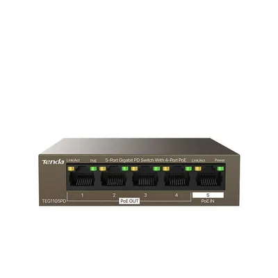 Switch PoE Gigabit cu 5 porturi Tenda TEG1105PD, 4x PoE OUT, 1x PoE IN, 22 W, 10 Gbps, fara management si alimentare