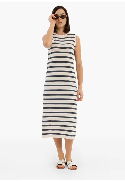Rochie lunga din bumbac cu dungi - fara maneci - G-Fiera - Crem / Bej