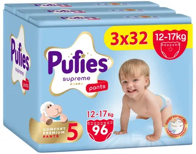 Scutece pantalonași Pufies Supreme - Mărimea 5 Junior, 96 bucăți, 12-17 kg, 3 x Value Pack