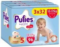 Scutece pantalonași Pufies Supreme - Mărimea 5 Junior, 96 bucăți, 12-17 kg, 3 x Value Pack
