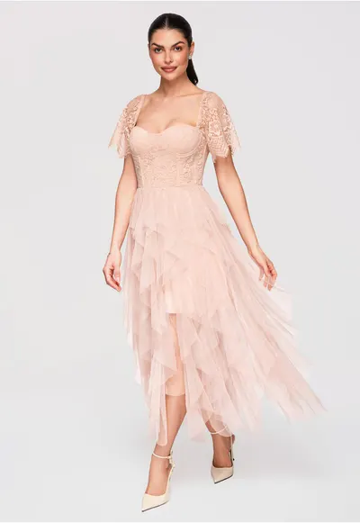 Rochie Cocktail Midi Dantela Florala Eleganta Croi Cloche - Nude