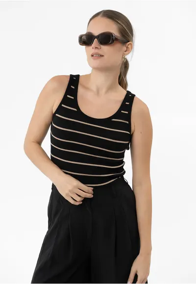 Tricou fara maneci cu dungi orizontale din bumbac - decolteu rotund - Slim Fit - T-Ester - negru - Negru