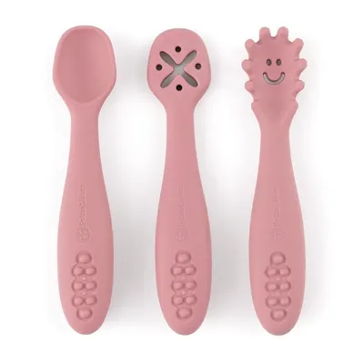 Set 3 lingurite, Petite&Mars, Diverse forme, Pentru supa, paste, alimente usoare, Dezvolta simturile si abilitatile senzoriale, Silicon, Fara BPA, 6 luni+, Roz