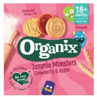 Biscuiti ecologici cu umplutura capsuni si mere JAMMIE MONSTERS 18 luni+, Organix | 64 g