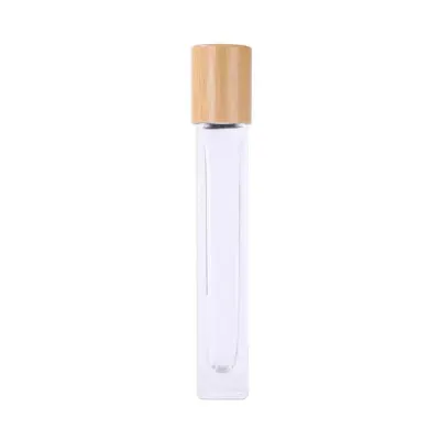 Sticluță transparentă reutilizabilă cu roll-on metalic și capac bambus - 5ml