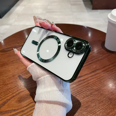 Husa pentru iPhone 16 Plus, Luxe Armor, Magsafe, Protectie camera, Silicon, Transparent, Verde Engros