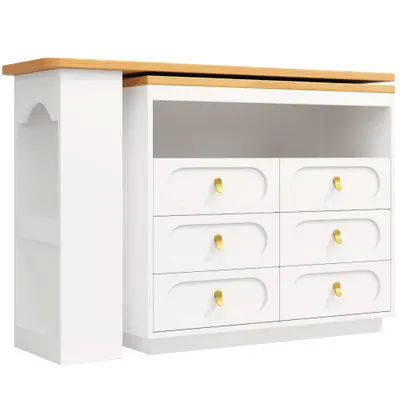 Masă de bar extensibilă cu rotire 360°, 6 sertare și raft lateral pentru gustări, 137-203x39x90 cm, Alb