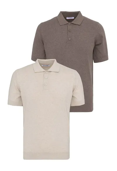 Set de tricouri din bumbac cu guler polo - 2 piese - Maro/Bej