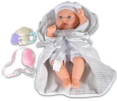 Papusa bebe Moni - Cu paturica gri si accesorii, 36 cm