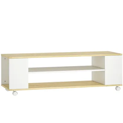 HOMCOM Mobilier TV cu roți 120 cm, mobilier TV pentru televizoare până la 140 cm, 2 rafturi deschise, alb și natural | Aosom Romania