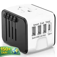 Adaptor incarcator universal priza de calatorie Timebox, 3 x USB, 1 x Type-C, Alb - Default Title