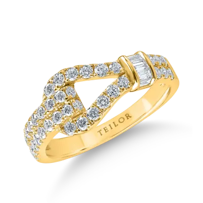 Inel geometric din aur galben cu diamante baguette si rotunde de 0.77ct