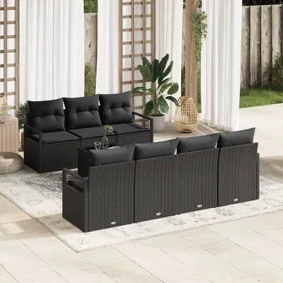Set de canapele de gradina 8 piese Gossi cu perne din ratan negru, canapea de gradina pentru 2 persoane Gossi cu spatiu de depozitare si perne din ratan negru