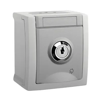 Priza Simpla Schuko Panasonic 2P+E cu Cheie, 16A, 250V, IP54, Gri