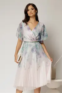 Rochie midi eleganta cu imprimeuri vernil cu fusta clos plisata