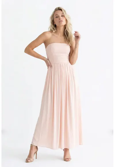 Rochie cocktail eleganta maxi - fara maneci - croiala dreapta - de tip tub - cu decolteu drept - M1344 - Roz