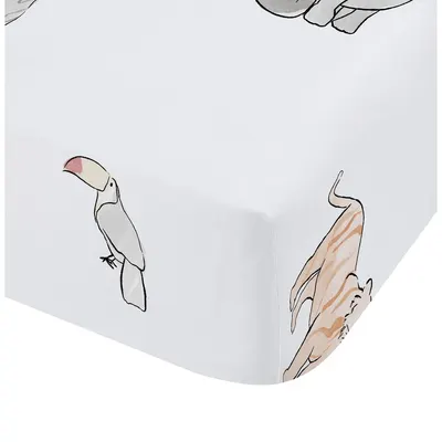 Cearceaf pentru copii alb din bumbac pentru pătuț cu elastic 70x140 cm Zoo Animals – Bianca