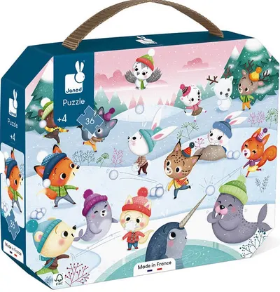 Puzzle in valiza pentru copii Janod - Petrecerea de zapada, 36 piese