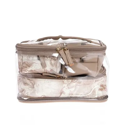 Set 4 genti cosmetice bej cu imprimeu floral si husa transparenta