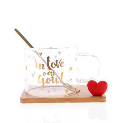 Cana cu mesaj romantic, lingurita si suport lemn, 280 ml
