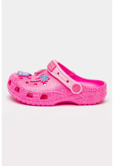 Saboti cu imprimeu cu model tematic Barbie - Roz neon/Argintiu