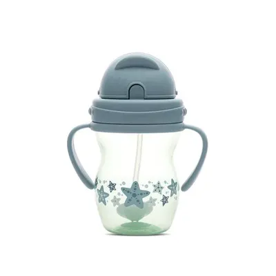 Cana cu manere si pai, anti-varsare, potrivita pentru calatorii, 12 luni+, 275 ml, Blue Green