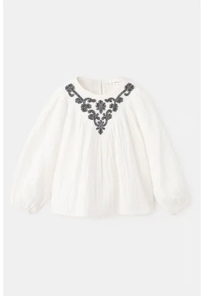 Bluza din bumbac cu broderie si aplicatii - Alb/Gri inchis