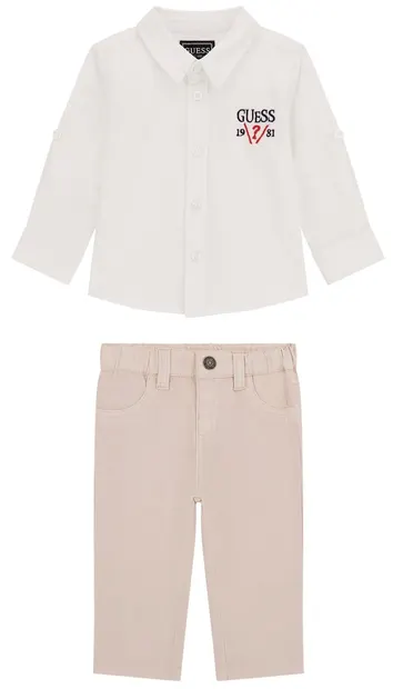 Set de 2 piese Guess - Cămașă clasică cu pantaloni, alb, 3-6 luni