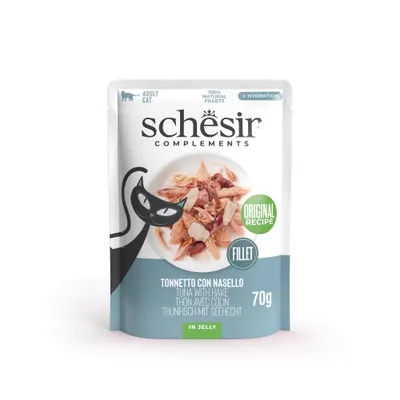 Hrana umeda pentru pisici Schesir plic Ton si Merluciu in jeleu 70g