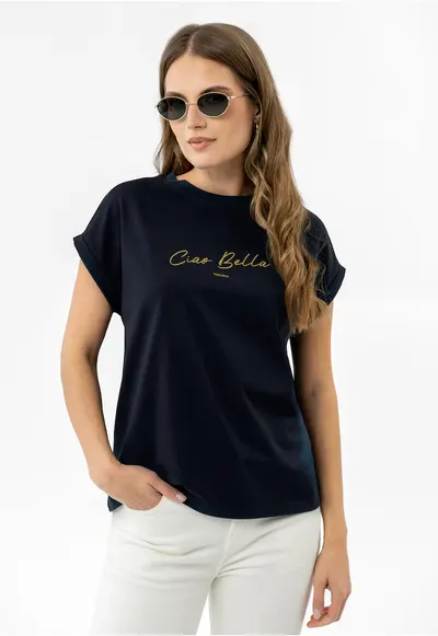 Tricou dama din bumbac cu inscriptie - Comfort Fit - maneci scurti - T-Cia - albastru marin