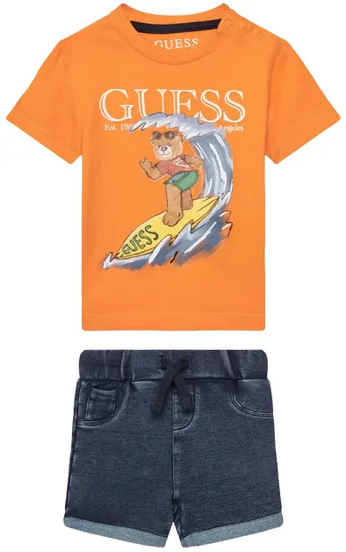 Set de 2 piese Guess - Tricou cu ursuleț surfer și pantaloni, portocaliu, 12 luni