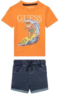 Set de 2 piese Guess - Tricou cu ursuleț surfer și pantaloni, portocaliu, 12 luni