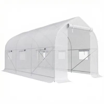 Outsunny Seră de Grădină a Tunnel 4x2x2 m cu Uși Rulabile și 6 Ferestre, Seră pentru Grădină cu Acoperiș înclinat, Structură din Metal și Acoperire PE, pentru Grădinărit Legume Flori Fructe, Alb | Aosom Romania
