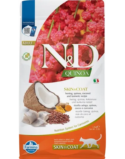 FARMINA N&D Quinoa Adult Cat Skin&Coat Hrana uscata pisici adulte, cu hering si cocos 1,5 kg