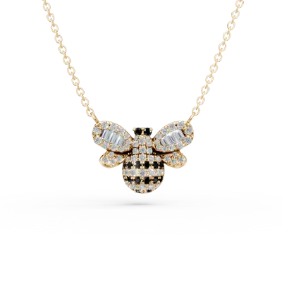 Lant cu pandantiv albinuta din aur galben cu diamante negre si diamante incolore baguette de 0.36ct