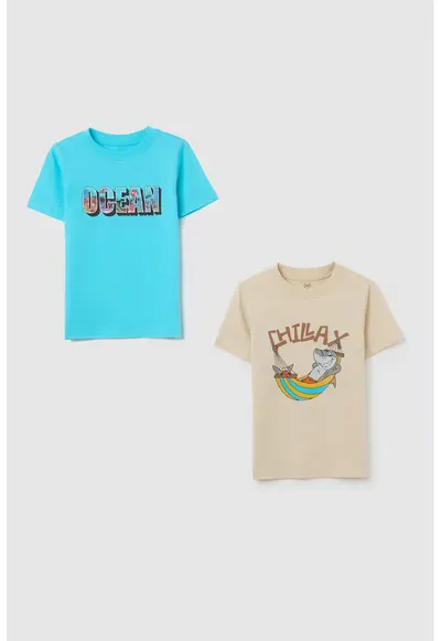 Set de tricou de bumbac cu model grafic - 2 piese - Albastru glaciar/Maro camel