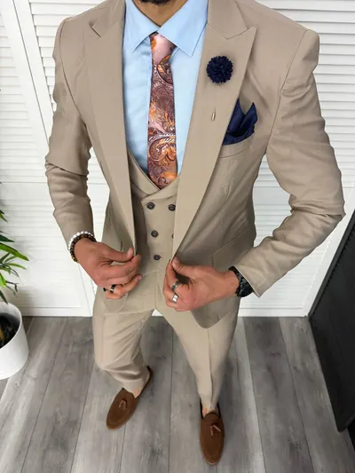 Costum barbati slim fit, bej, 3 piese, 11840 D3-5.2