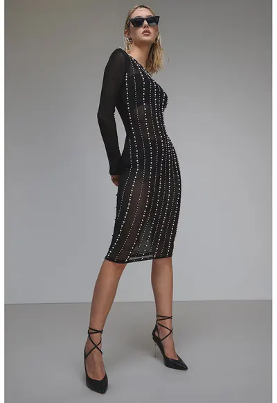 Rochie midi transparenta - Alb fildes/Negru