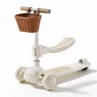Trotineta, Primabobo, Mobi, Multifunctionala, Pliabila, Inaltime ghidon reglabila pe 4 trepte, Scaun reglabil si detasabil, Cosulet pentru depozitare, Roti luminoase, Platforma lată - 14 cm, Pana la 50 kg, 2 ani+, Bej