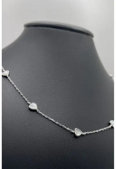 Colier din argint veritabil cu inimi Mother of Pearl - Alb rece/Argintiu
