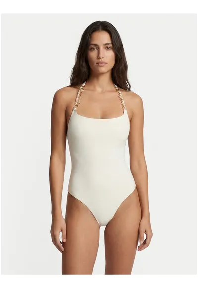 Costum de baie dama - alb/bej - cupe captusite - bretele decorate - material elastic