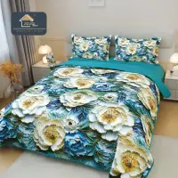 Cuvertura Matlasata, Bumbac Finet, cu Imprimeu 5D, 220x240cm + 2 fete de perna 50x70cm, Turquoise, Alb, Flori